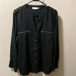 Calvin Klein Roll Up Sleeve Black Blouse Size XL